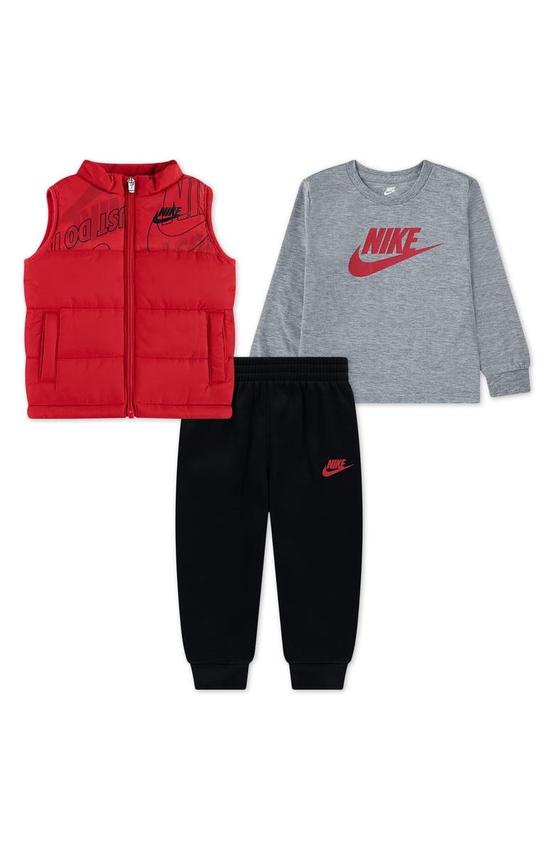 Nike Kids' Colorblock Puffer Vest, Logo T-Shirt & Fleece Joggers Set, Main, color, Black