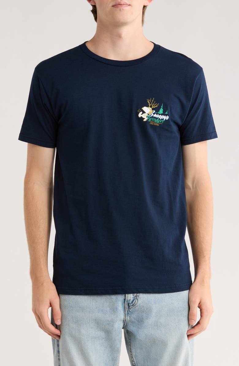 The Forecast Agency Peanuts<sup>®</sup> Reindeer Crossing Cotton Graphic T-Shirt, Main, color, Navy