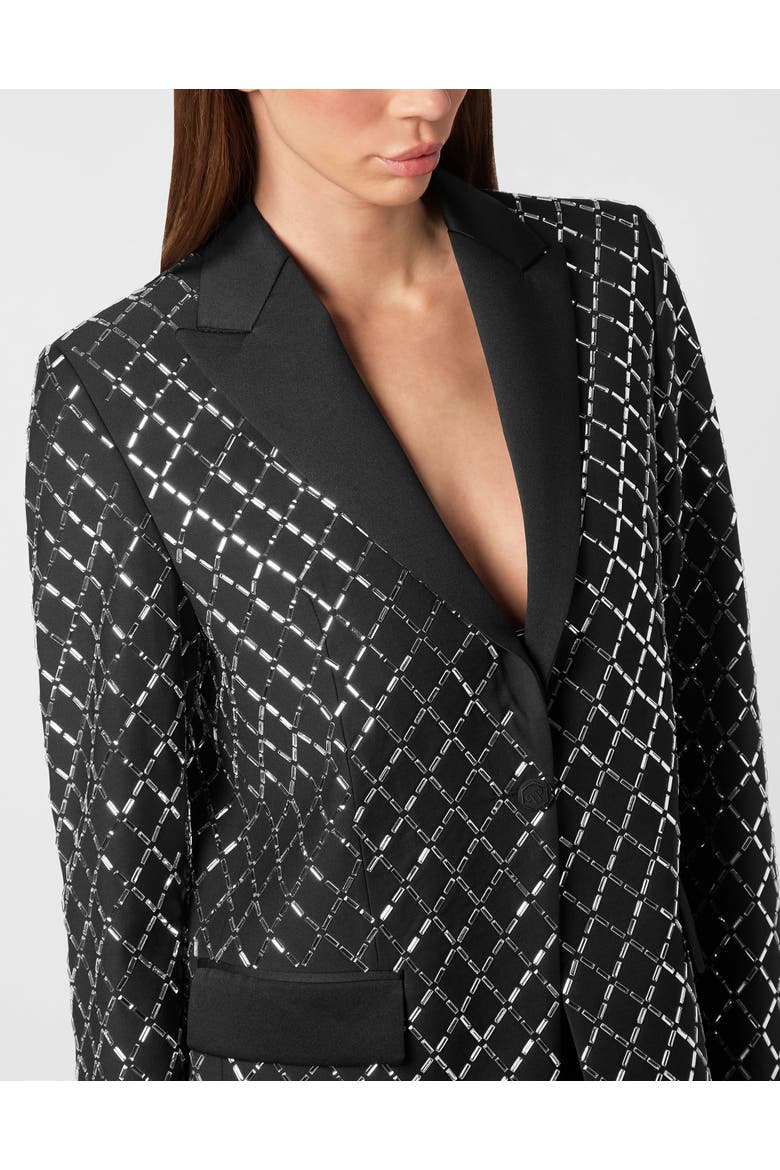Wool And Satin Boyfriend Fit Blazer Crystal Rhombus Women, Alternate, color, black