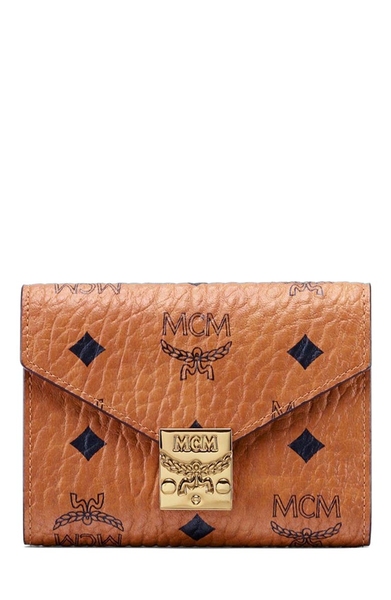 MCM Tracy Trifold Wallet in Visetos, Main, color, Cognac