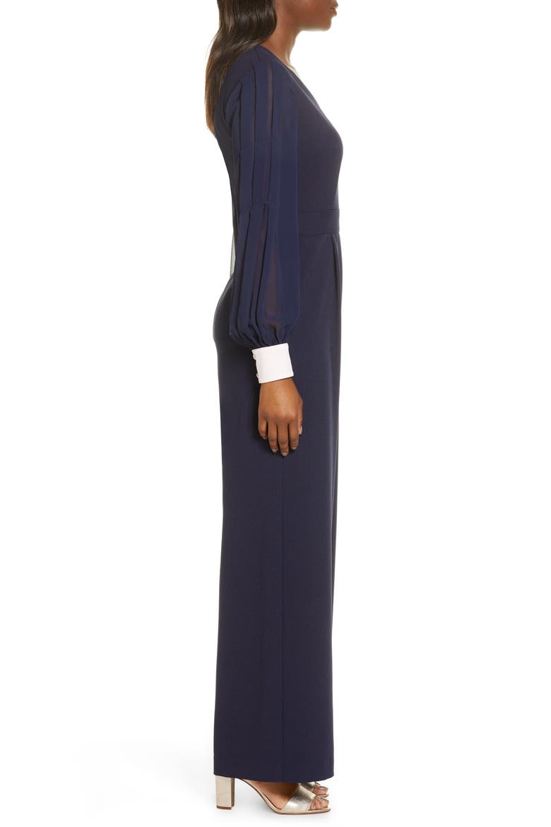 Long Sleeve Crepe & Georgette Jumpsuit, Alternate, color, NAVY