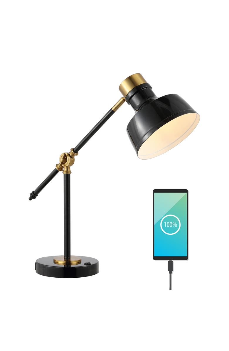 JONATHAN Y Allegra Classic Farmhouse Adjustable Cantilever LED Task Lamp with USB Charging Port, Main, color, Black/Brass Gold