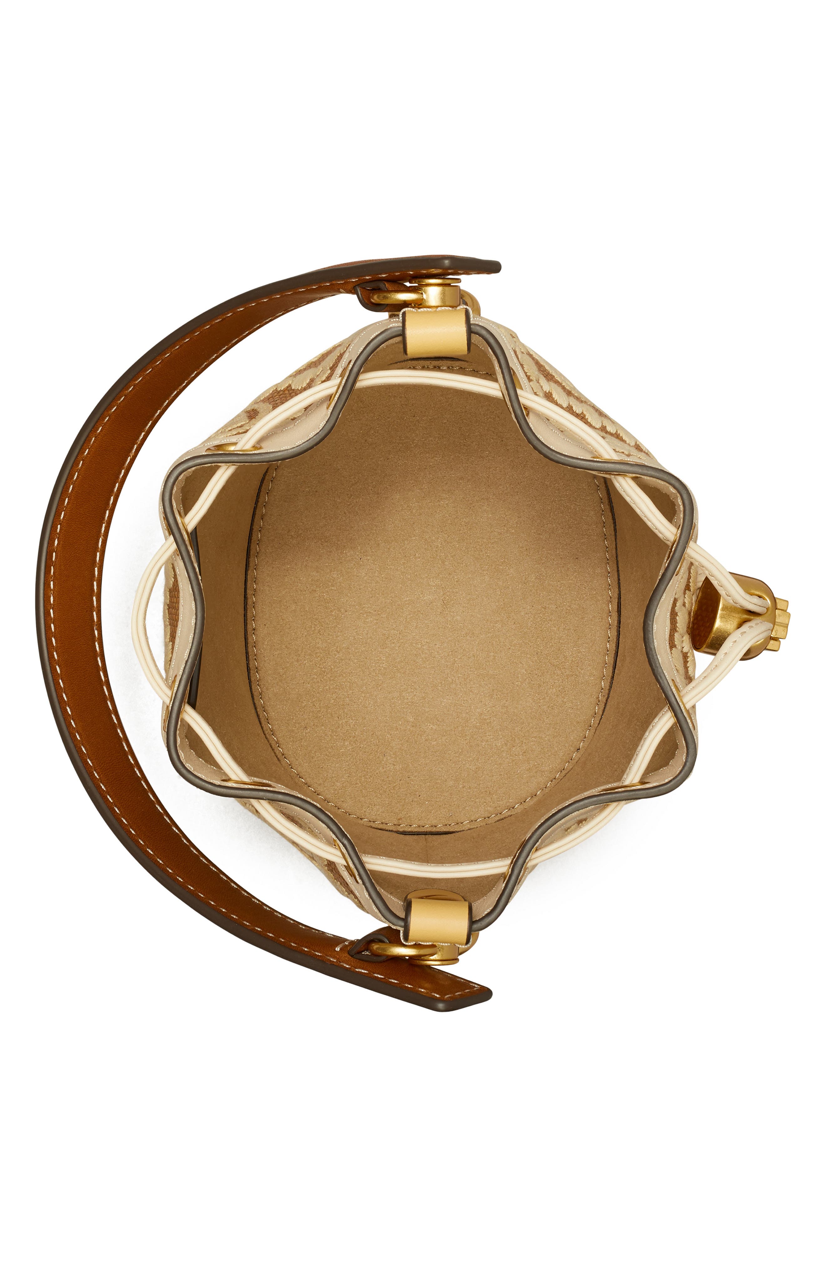 Tory Burch Mini T Monogram Embroidered Raffia Bucket Bag, Alternate, color, 