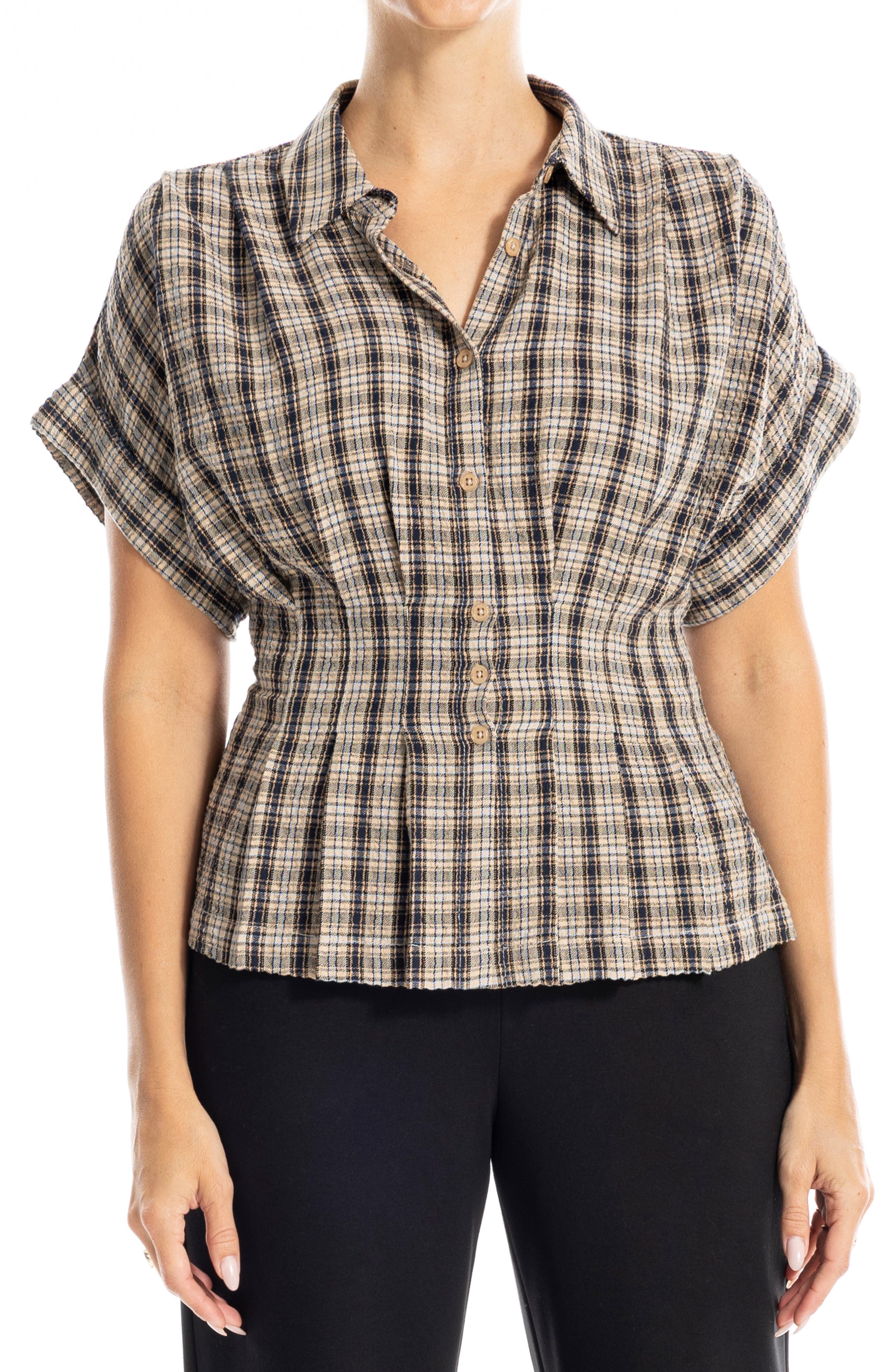 Plaid Pintucked Short Sleeve Shirt