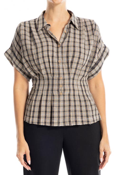 Plaid Pintucked Short Sleeve Shirt