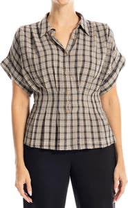 MAX STUDIO Plaid Pintucked Short Sleeve Shirt