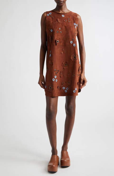 Floral Appliqué Suede Shift Dress