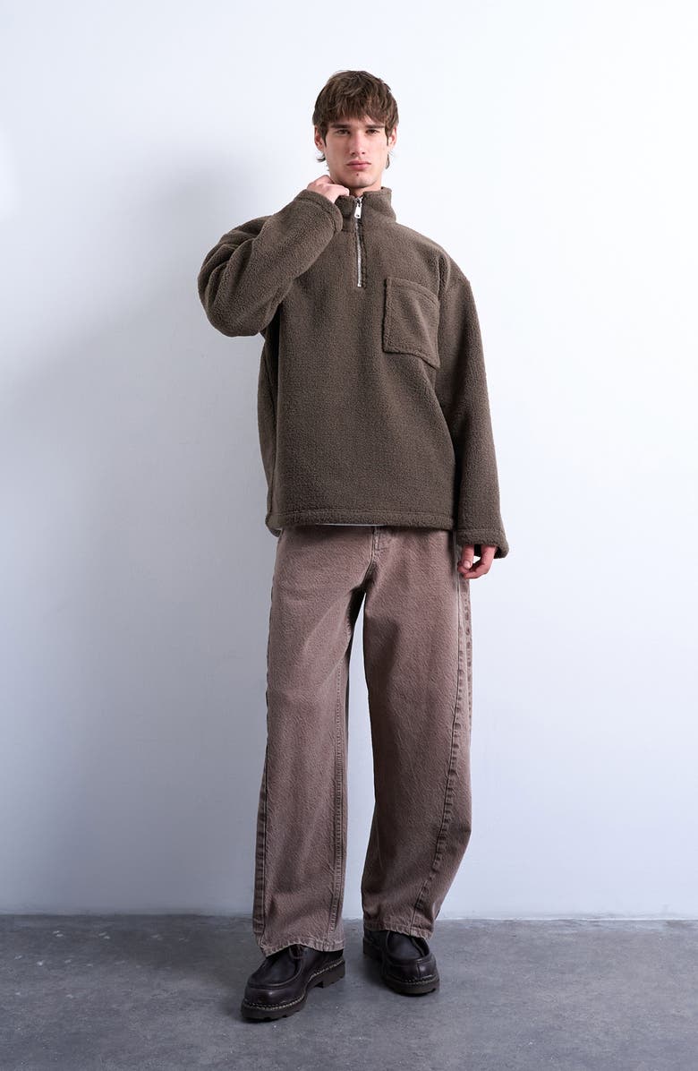 Topman Quarter Zip High Pile Fleece Sweatshirt, Alternate, color, Dark Brown