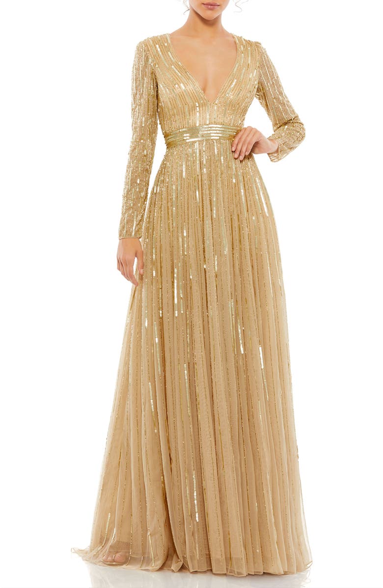 Mac Duggal Sequined Long Sleeve Plunging V-Neck Gown, Main, color, Taupe