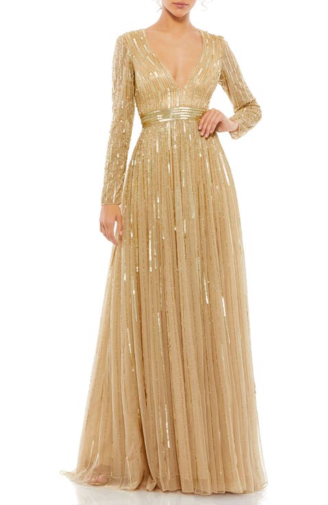 Sequined Long Sleeve Plunging V-Neck Gown