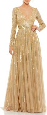 Mac Duggal Sequined Long Sleeve Plunging V-Neck Gown