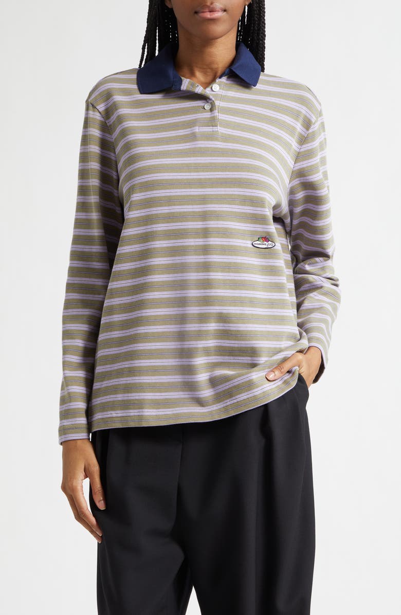 Hommegirls x Fruit of the Loom Stripe Long Sleeve Cotton Polo, Main, color, Lilac Stripe