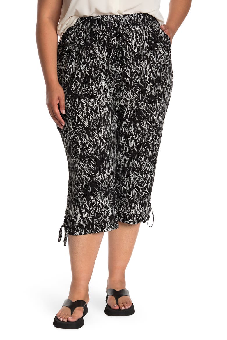 Drawstring Pull-On Crinkle Gauze Pants, Main, color, BLACK WHITE WHEAT