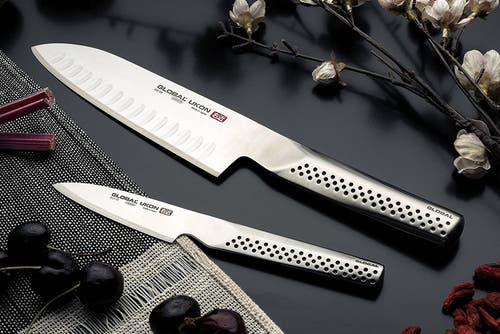 Global Ukon 3 Piece Knife Set, 3.5" Paring, 6" Serrated Utility, 8" Chef's