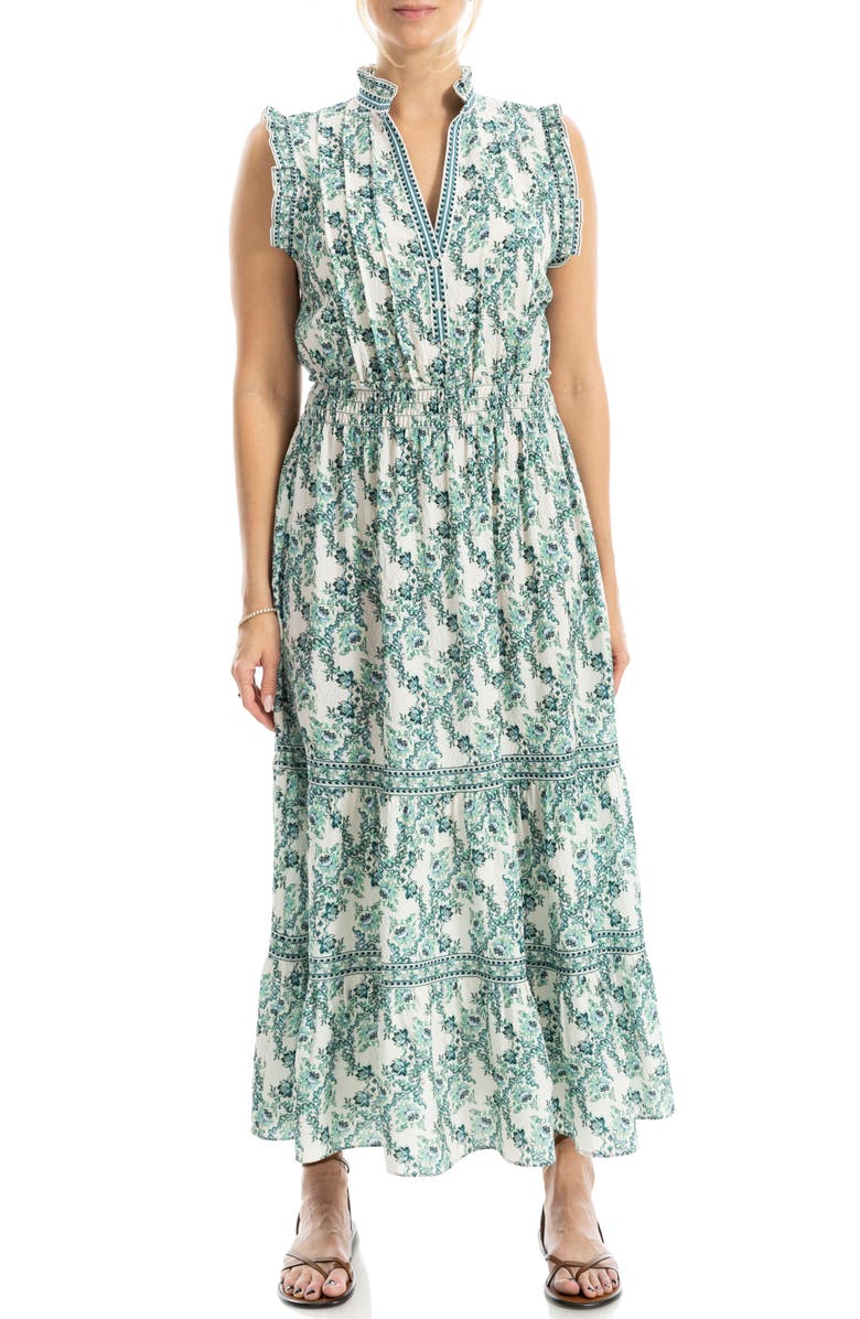 MAX STUDIO Floral Ruffle Sleeveless Tiered Maxi Dress, Main, color, Cream/ Green Magnolia Weave
