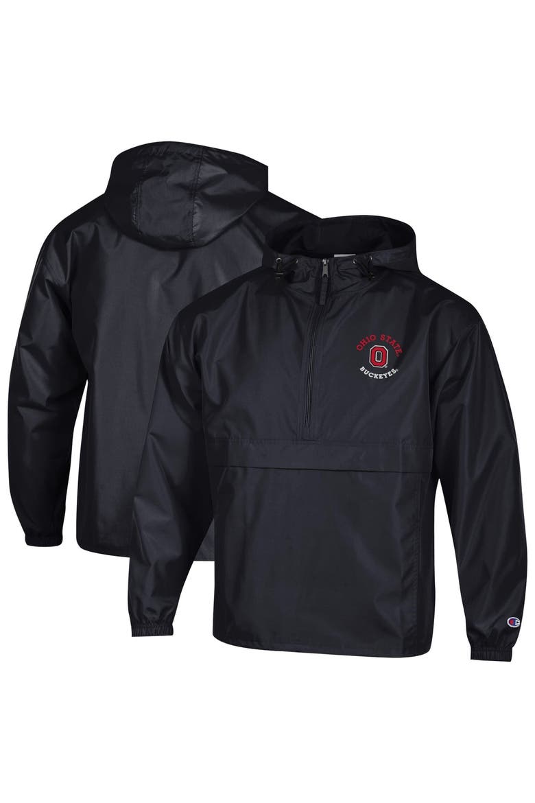 Men's Champion  Black Ohio State Buckeyes Packable Hooded Windbreaker Half-Zip Jacket, Main, color, Black