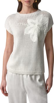 Donna Karan New York Floral Embroidered Short Sleeve Sweater