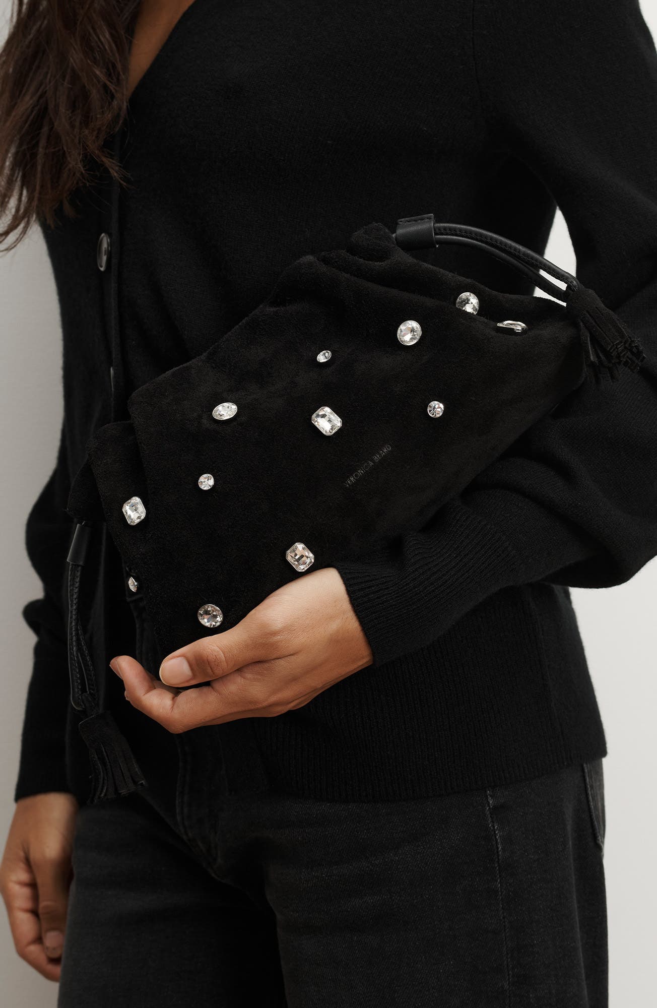 Veronica Beard Small Stash Crystal Leather Drawstring Clutch, Alternate, color, Black