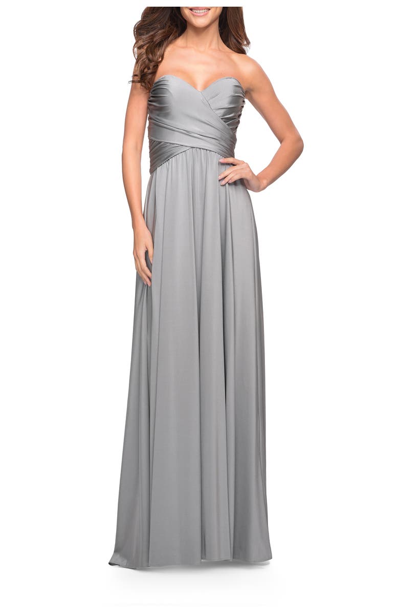 La Femme Simple Strapless Jersey Dress with High Slit, Alternate, color, Silver