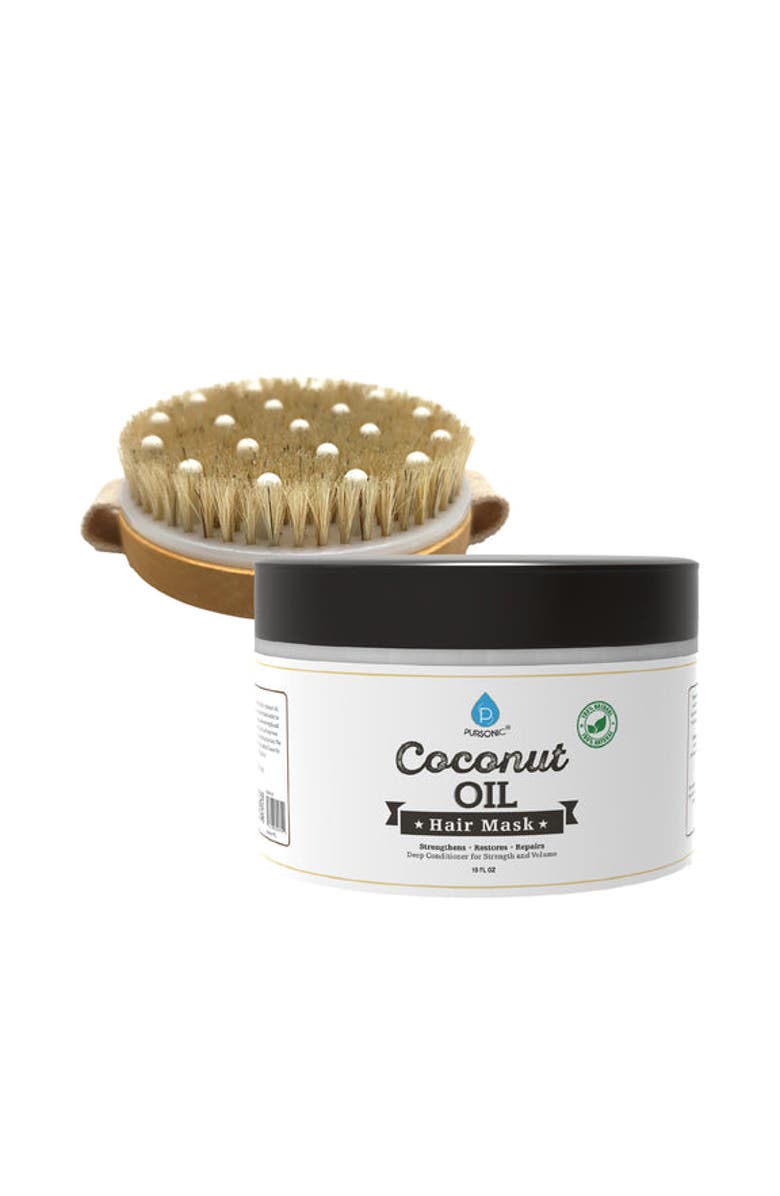 PURSONIC Hair Care and Massage Bundle Bath Brush Massager + 100% Natural Coconut Oil Hair Mask 10 Oz, Main, color, Multicolor