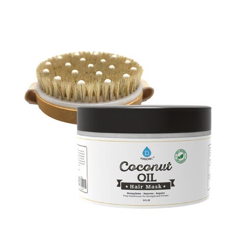 Hair Care and Massage Bundle Bath Brush Massager + 100% Natural Coconut Oil Hair Mask 10 Oz