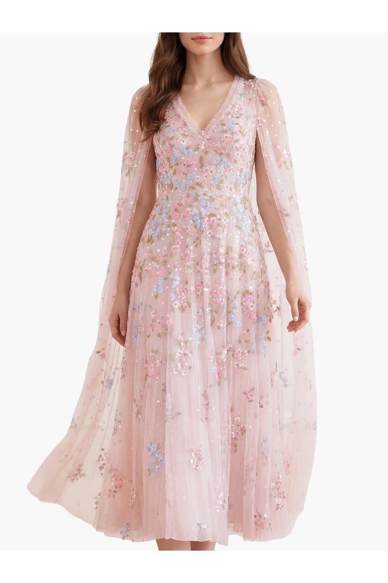 Versailles Ditsy V-Neck Cape Maxi Gown, Main, color, Shell/Bright