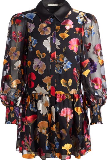 【Alice+Olivia】BERTHA 花柄 ミニ丈 シャツドレス ワンピース Alice + Olivia Bertha Floral Long Sleeve Mini Shirtdress