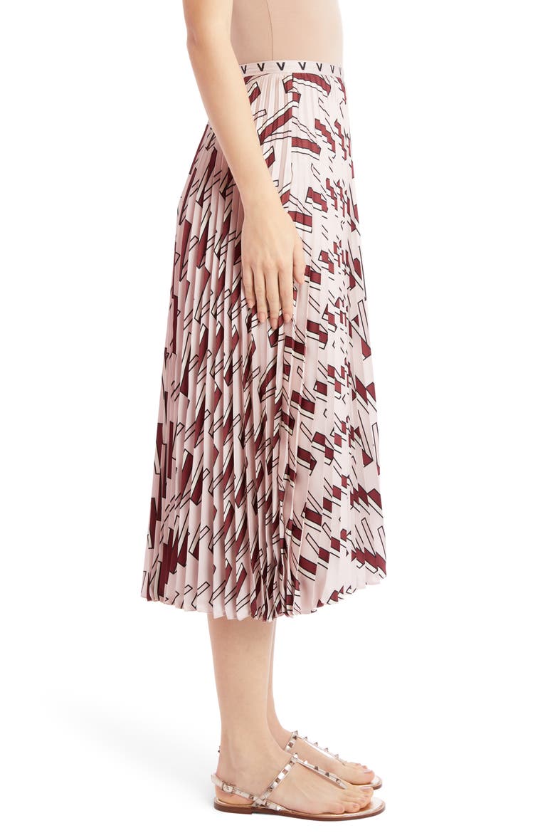 V-Print Pleated Silk Midi Skirt, Alternate, color, POUDRE