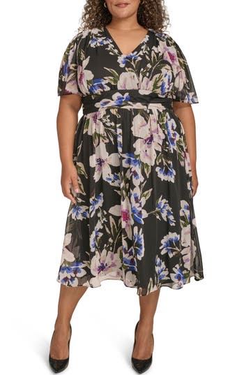 Calvin Klein Plus Size Floral-print Flutter-sleeve Chiffon Dress In Black Multi