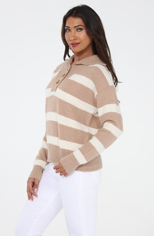 Rain And Rose Stripe Knit Polo Sweater In Brown