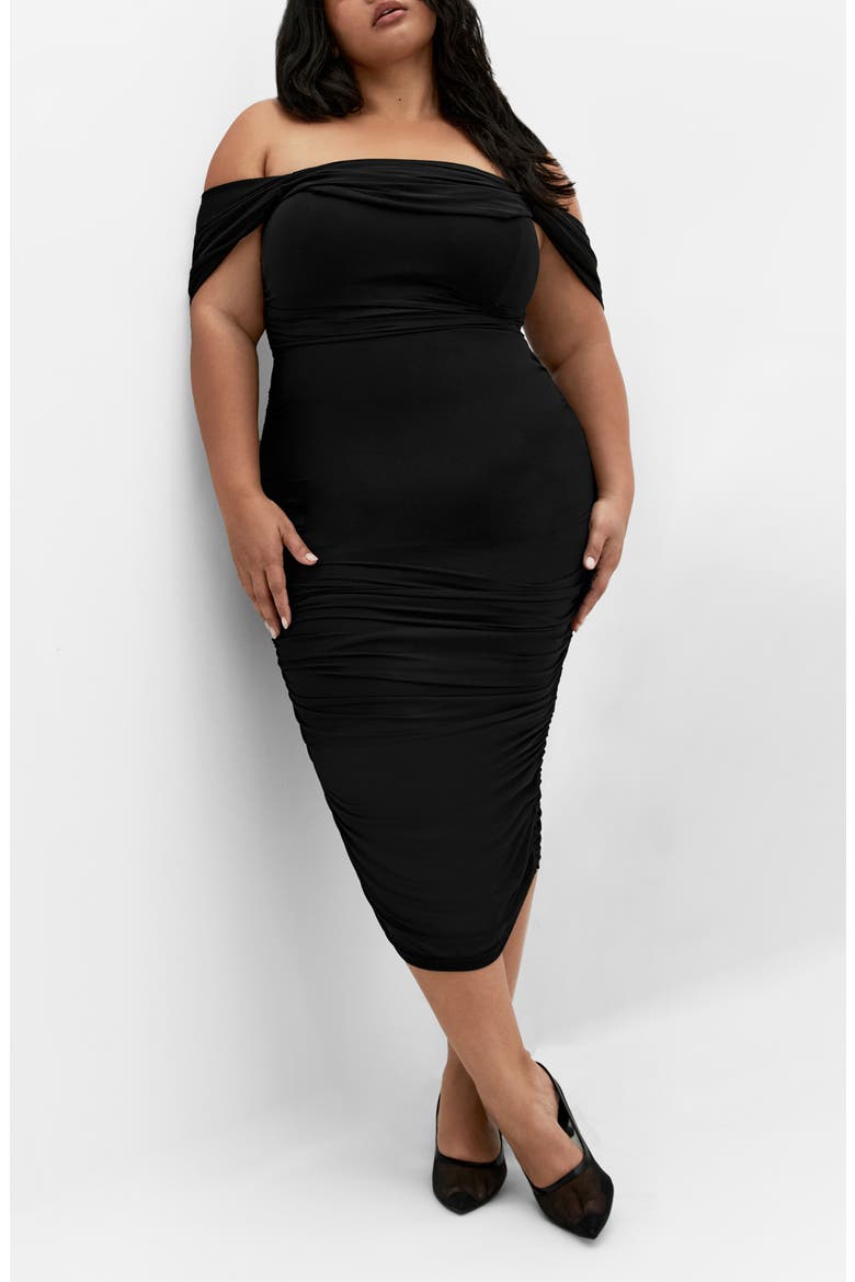 Jazmin Off the Shoulder Ruched Mesh Dress, Main, color, BLACK