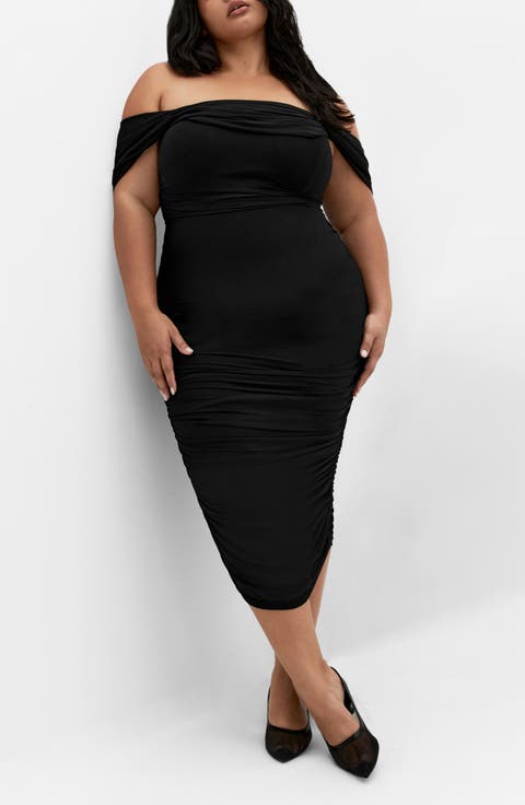 Jazmin Off the Shoulder Ruched Mesh Dress (Plus)