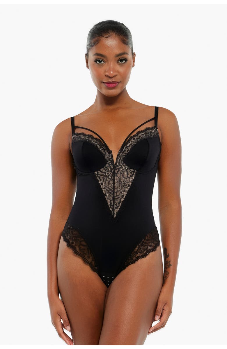 Popilush Shapewear Strappy Tummy Control Lace Inset Bodysuit, Main, color, Midnight Black