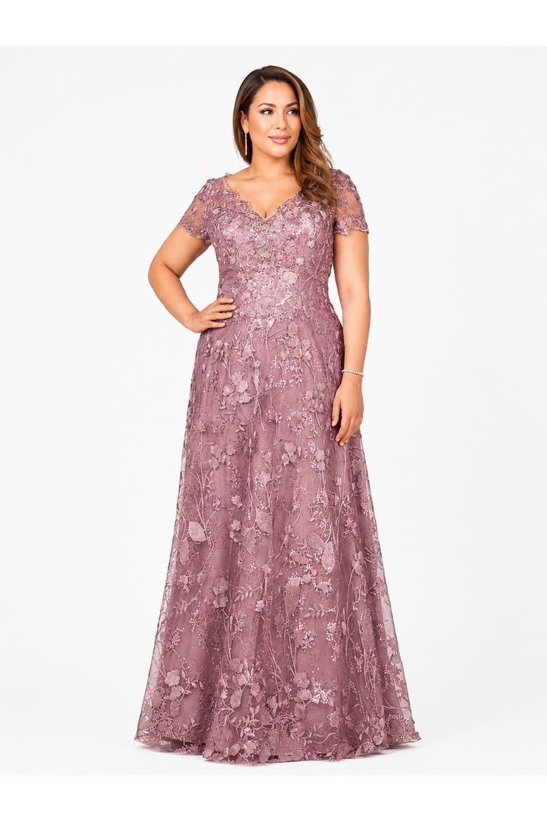 Beaded Faux-Wrap V-Neck Bridal Gown, Alternate, color, Mauve