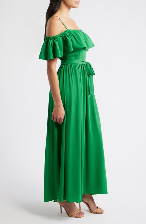 Layered With Love Cold Shoulder Tie Belt Maxi Sundress In Green