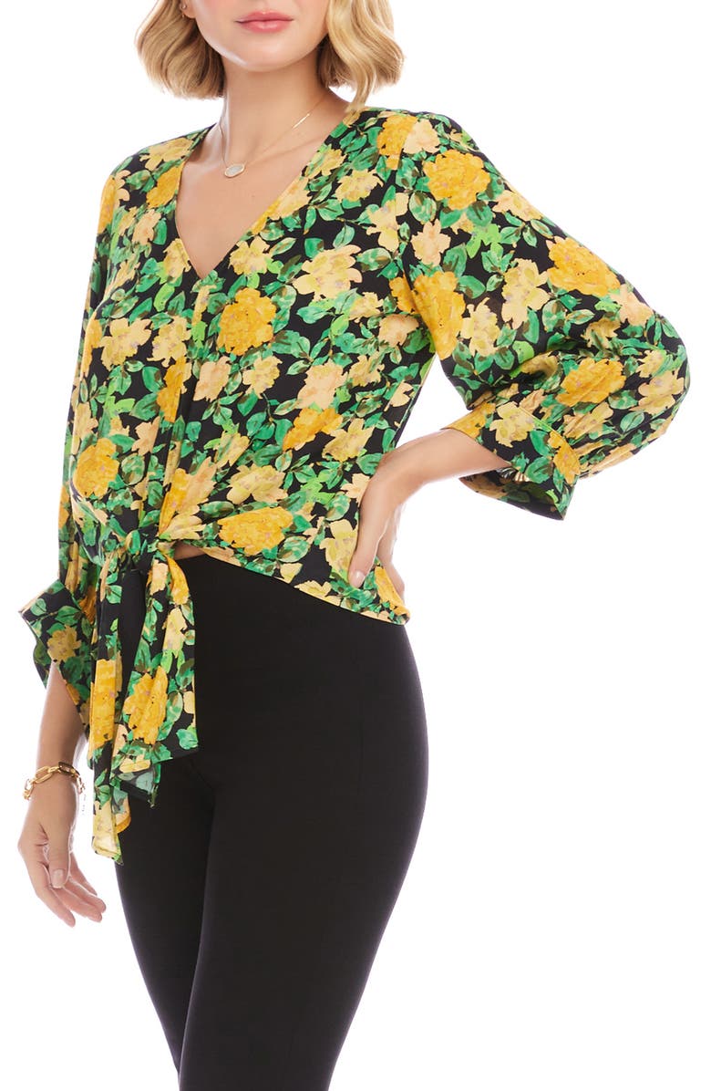 Karen Kane Floral Print Tie Front Top, Alternate, color, Yellow Floral