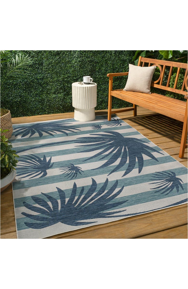 JONATHAN Y Veronica Classic Beach Stripe and Palm Leaf Indoor/Outdoor Area Rug, Alternate, color, Navy/Cream