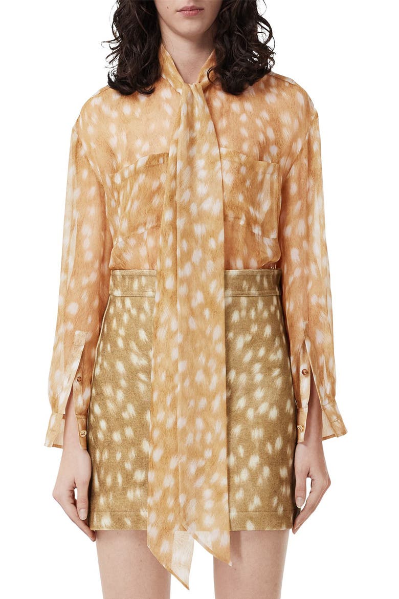 Ruby Deer Print Bow Silk Chiffon Blouse, Main, color, HONEY BEIGE IP PAT