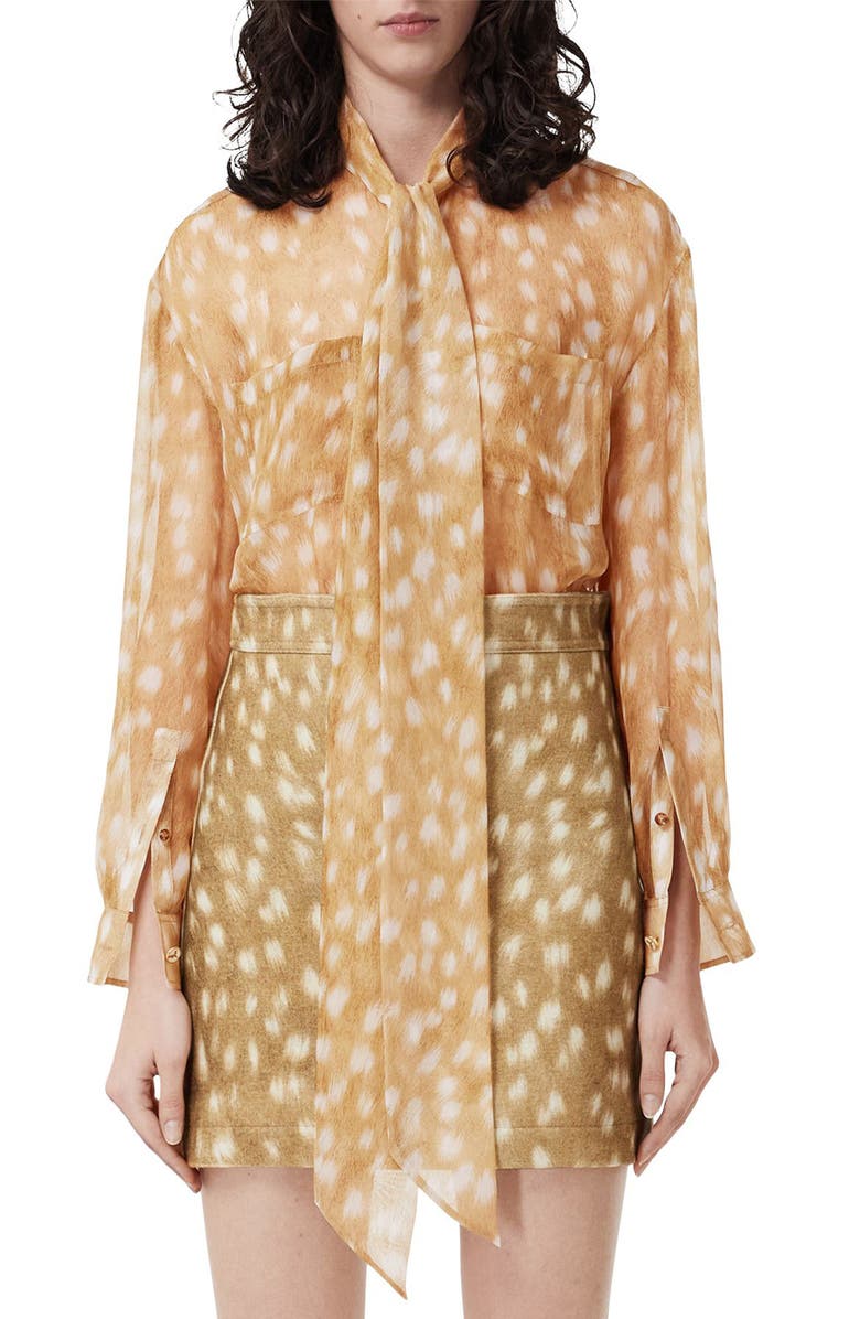 Burberry Ruby Deer Print Bow Silk Chiffon Blouse, Main, color,