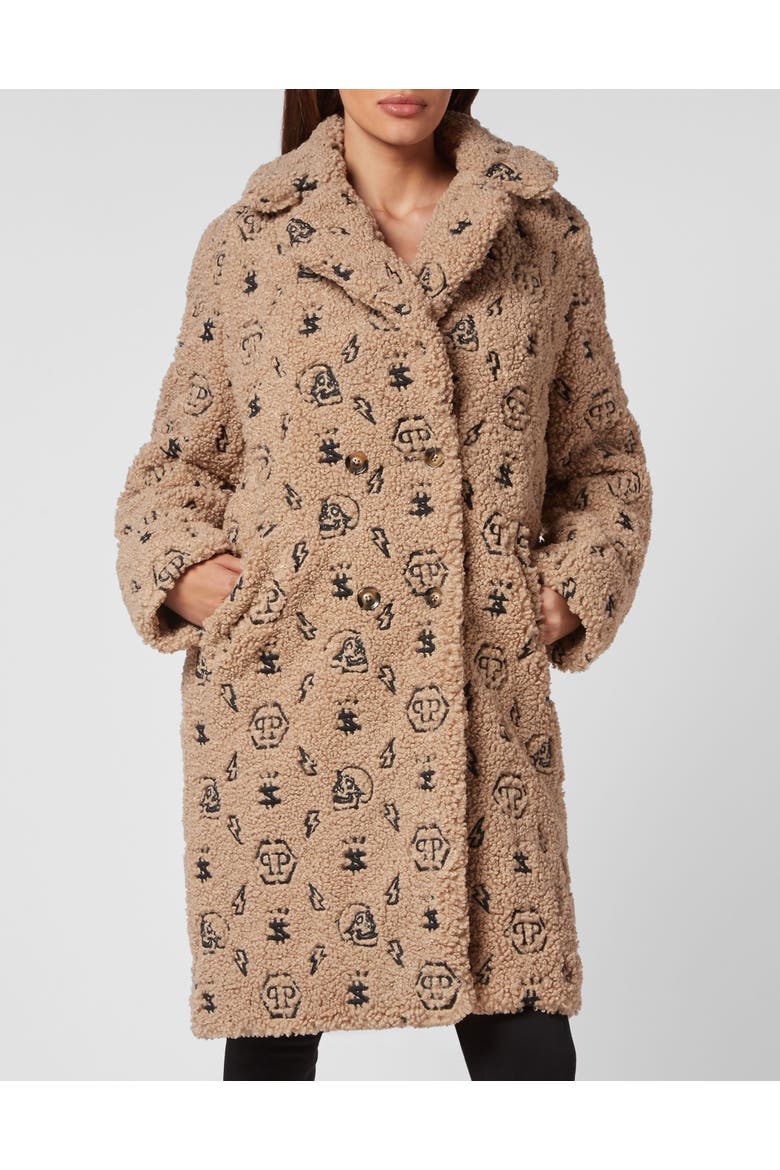 Eco Fur Coat Embroidery Monogram Women, Main, color, beige