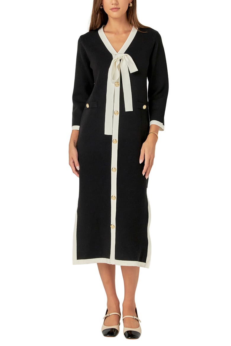 Bow Knit Midi Dress, Main, color, BLACK/ WHITE
