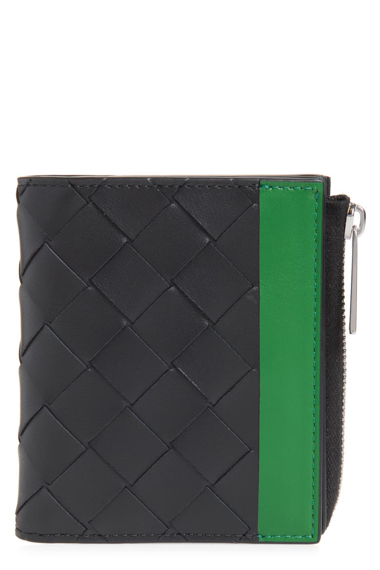 Small Intrecciato Leather Bifold Wallet, Main, color, 1283 BLACK/ SHAMROCK