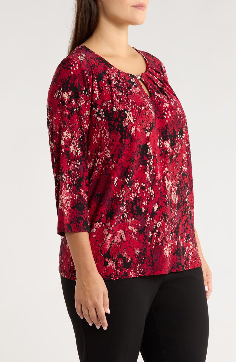 KASPER Pleated Three-Quarter Sleeve Top, Alternate, color, Red/ Black Multi