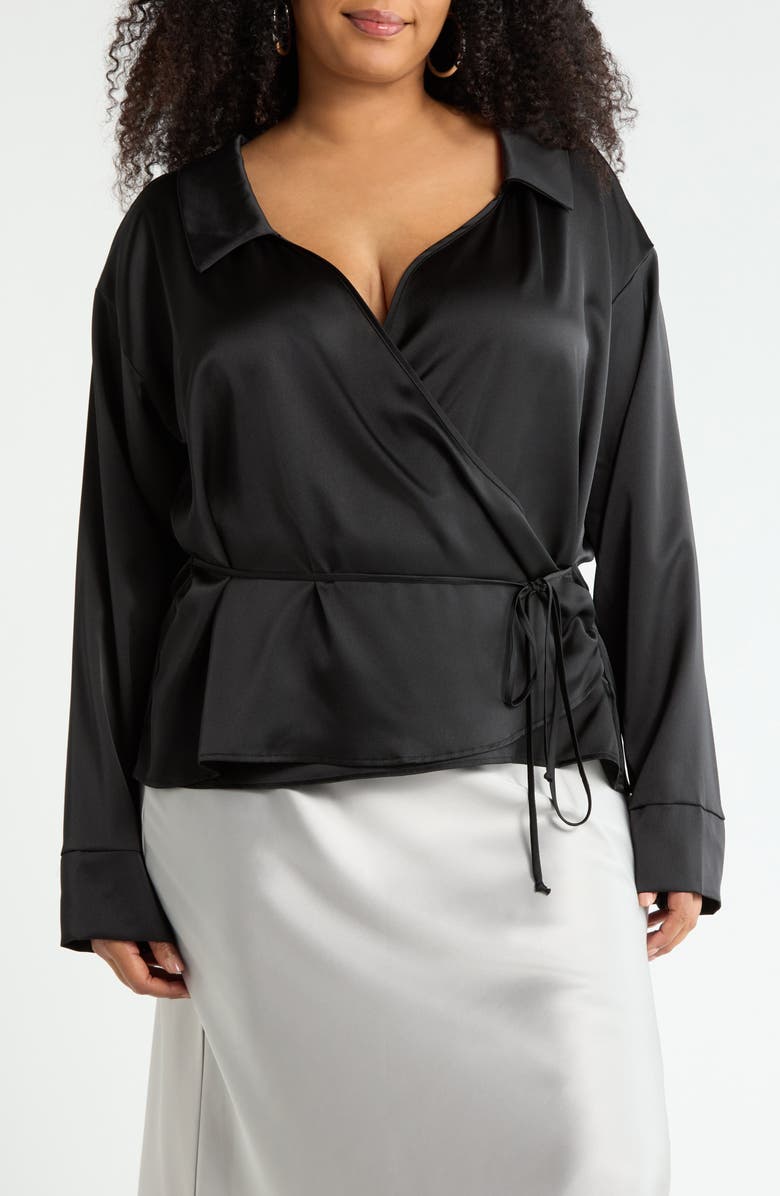 Renee C Faux Wrap Satin Top, Main, color, Black