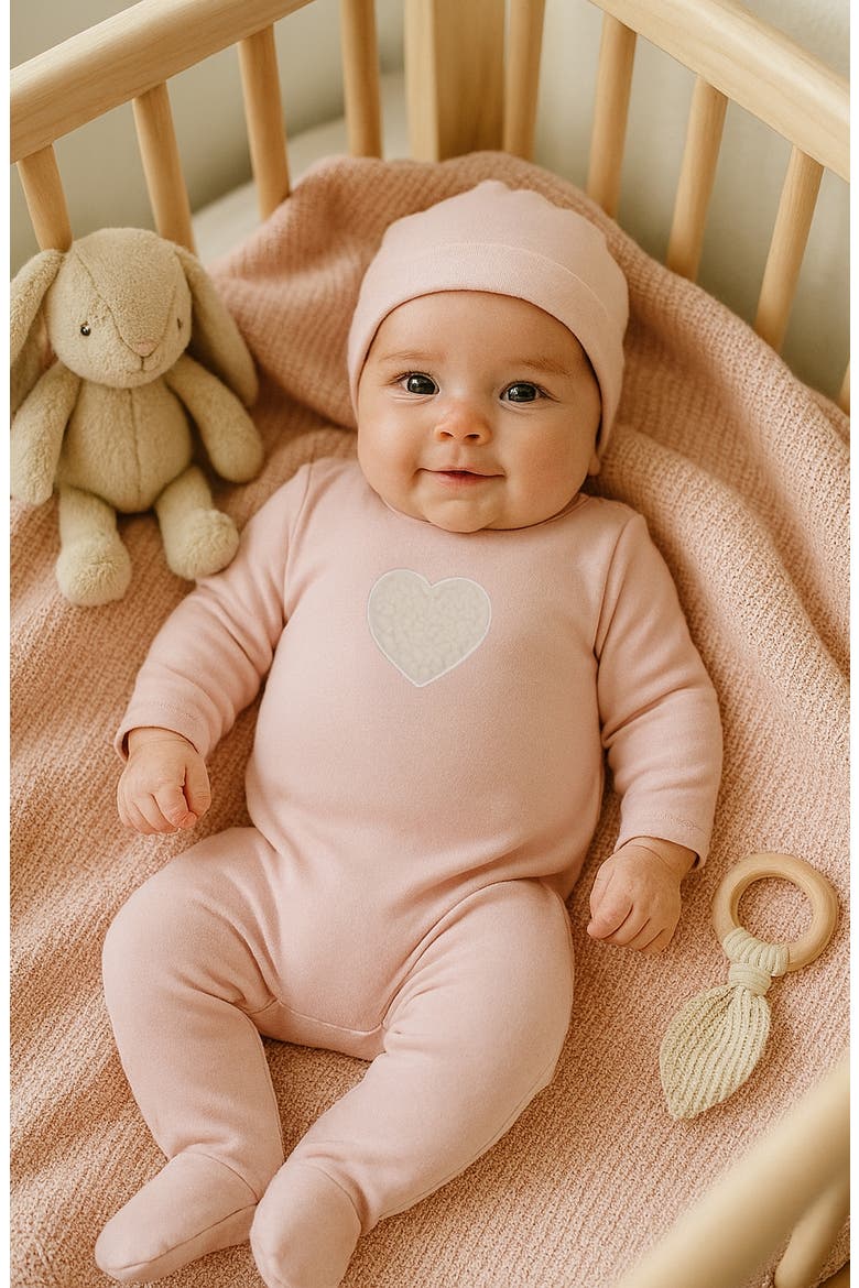 Heart Appliqué Footie & Beanie Set, Alternate, color, DUSTY MAUVE