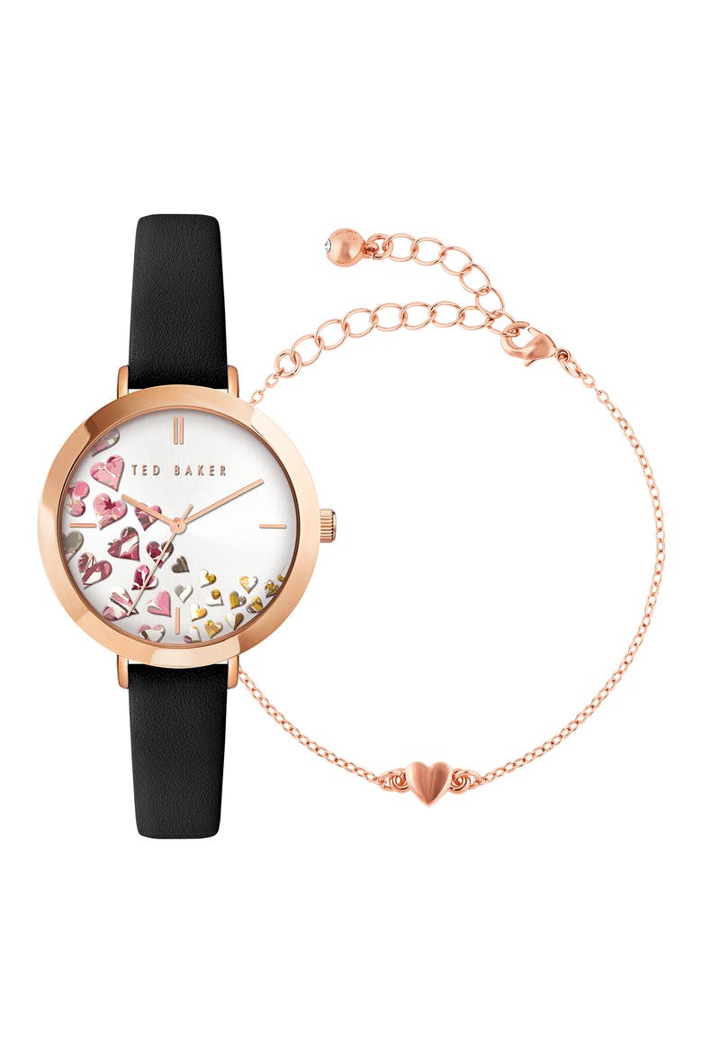 Ammy Hearts Leather Strap Watch & Bracelet Set, 34mm, Main, color, BLACK