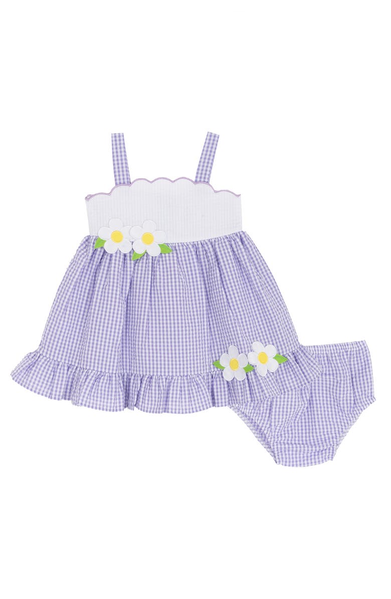 Rare Editions Lilac Scallop Seersucker Dress & Bloomers, Alternate, color, Lilac