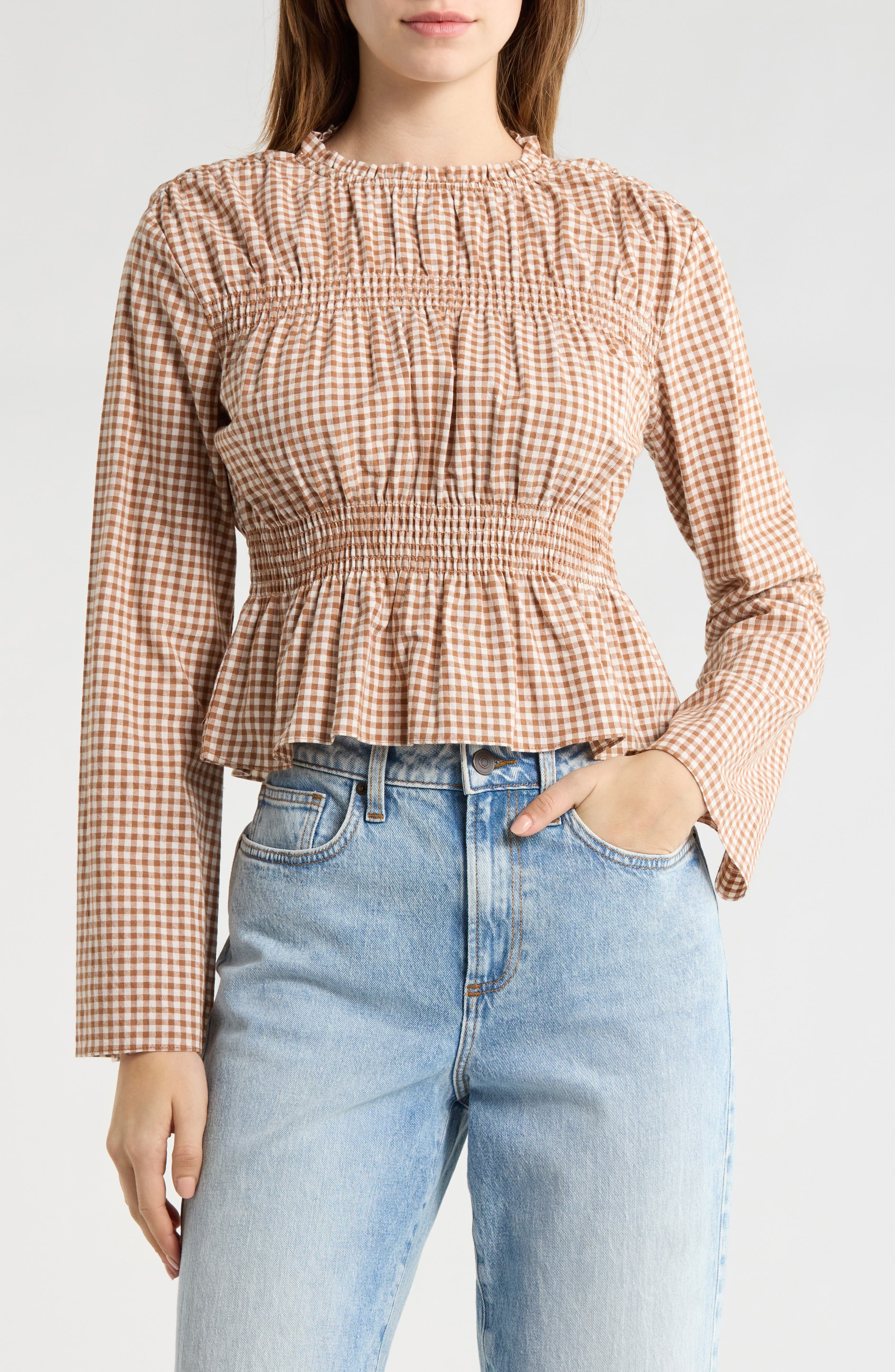 Elodie Gingham Long Sleeve Peplum Top