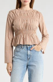 Elodie Gingham Long Sleeve Peplum Top
