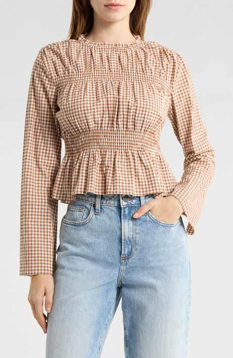 Elodie Gingham Long Sleeve Peplum Top
